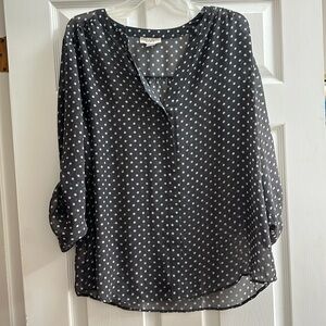 Loft charcoal gray and cream polka dot blouse size L